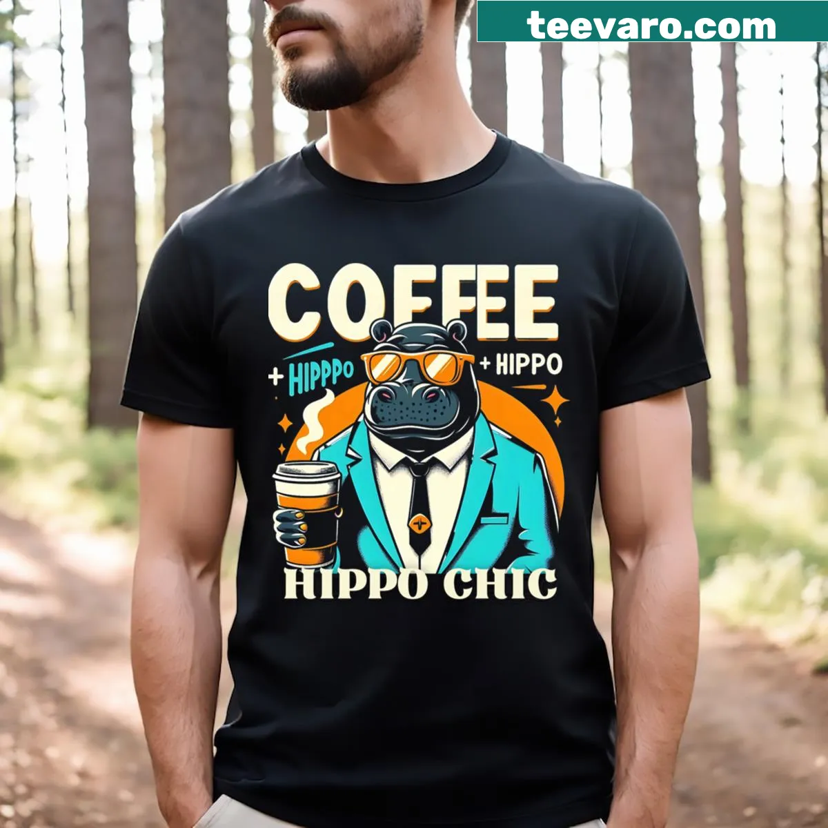 Funny hippo design enjoying coffee on a t-shirt — on a men's t-shirt