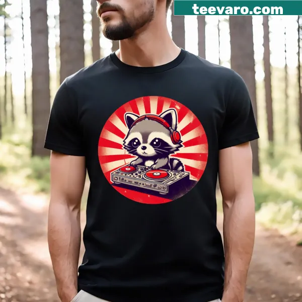 Cute t-shirt featuring a kawaii raccoon DJ with headphones