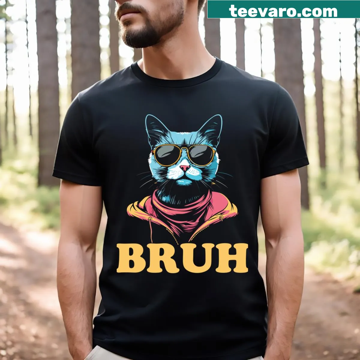 Funny T-shirt featuring the meme saying 'Bruh' with cat graphics — on a men's t-shirt