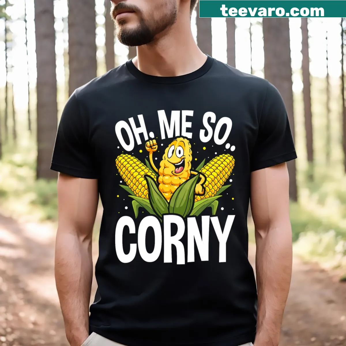 T-shirt with pun Oh Me So Corny and corn graphic — on a men's t-shirt