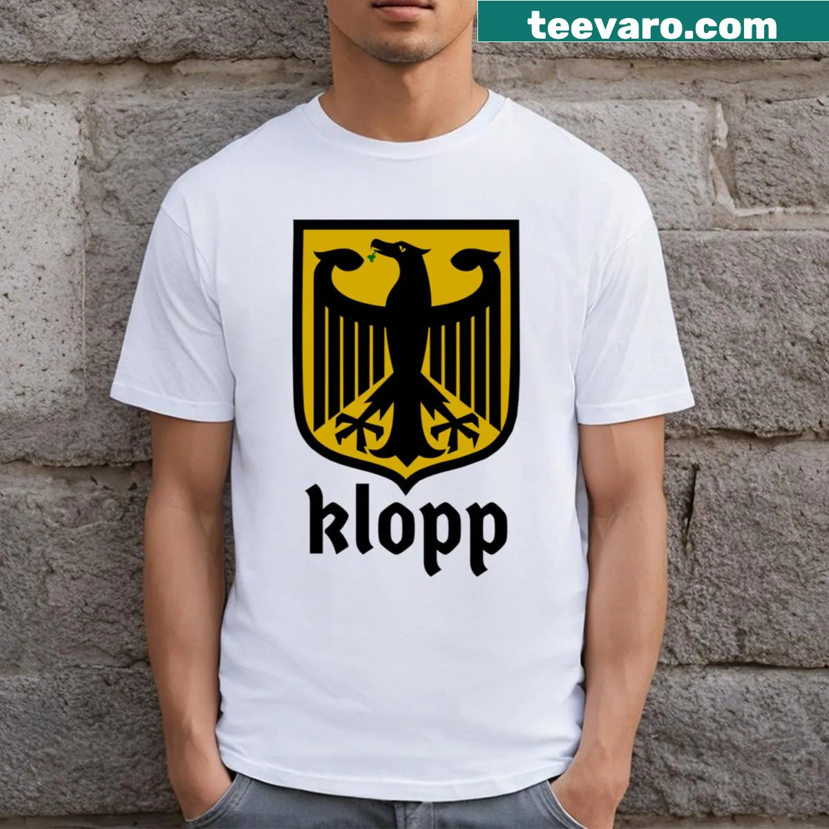 T-shirt featuring the German Klopp Liverbird emblem — on a men's t-shirt