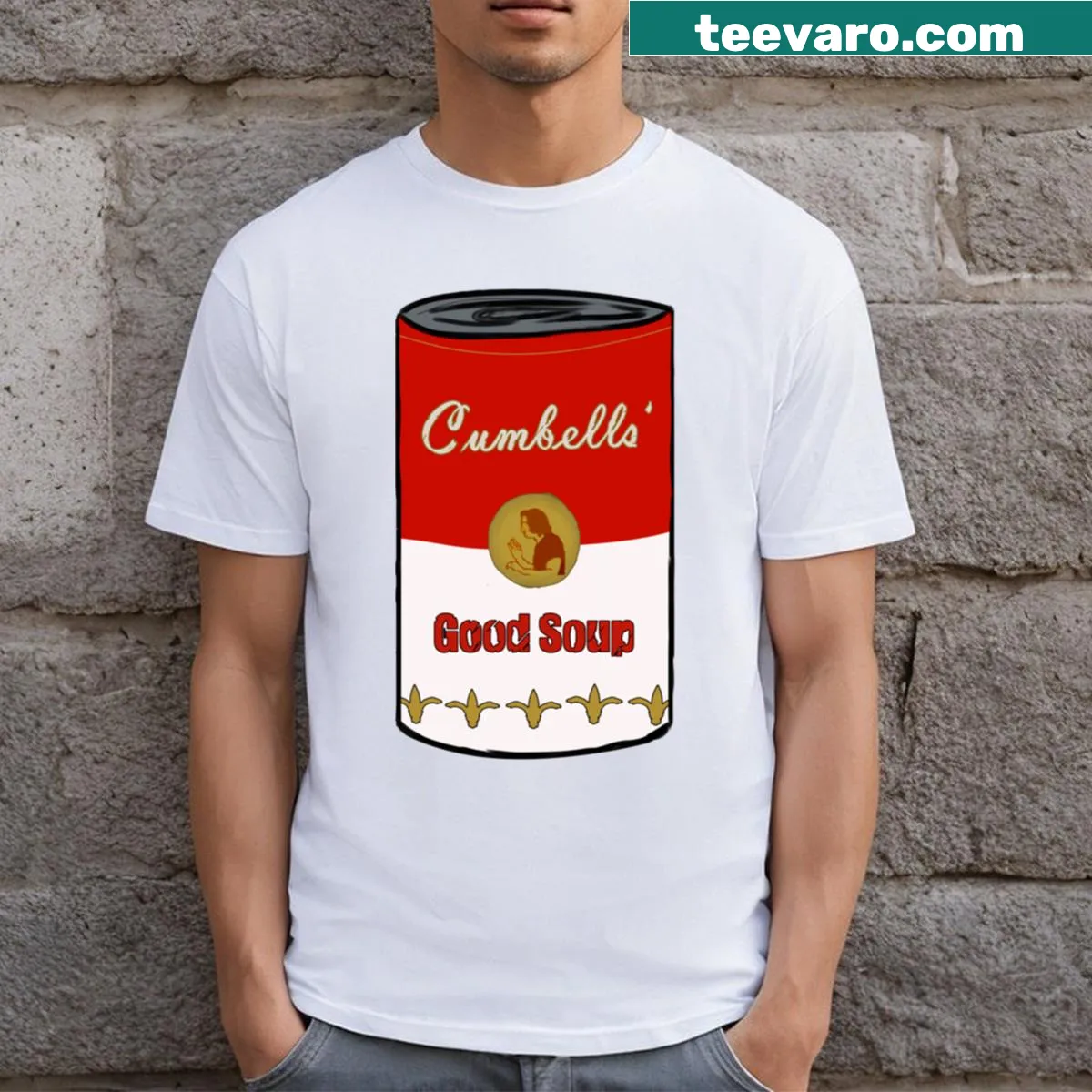 Good Soup T-shirt with humorous soup-themed text — on a men's t-shirt