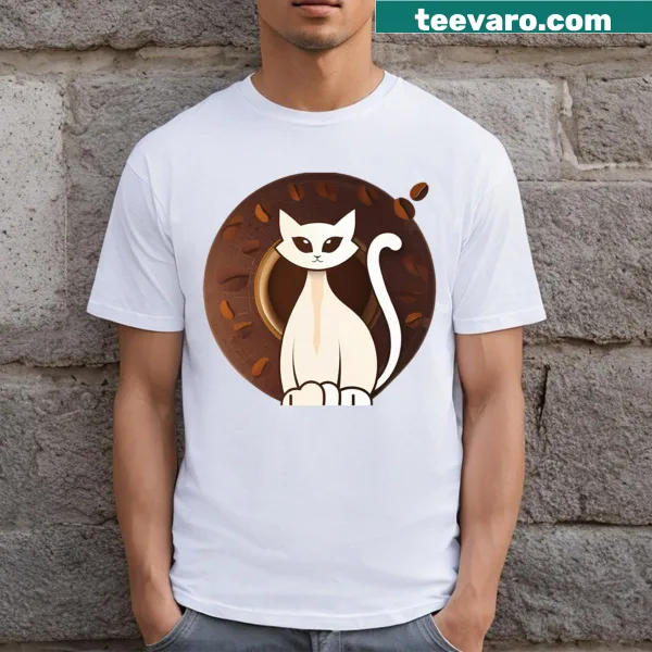 Whimsical cat artwork on a T-shirt enjoying coffee