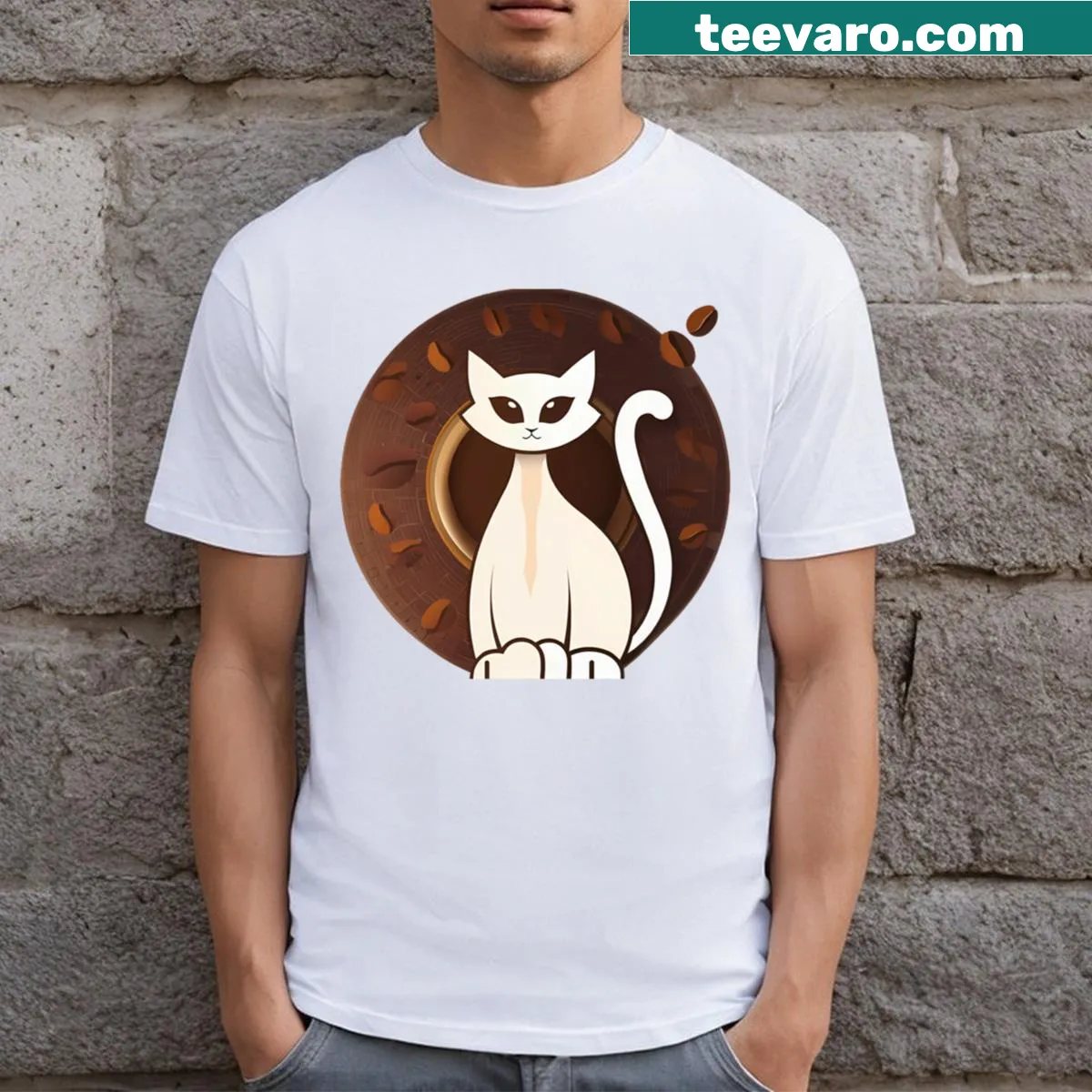 Whimsical cat artwork on a T-shirt enjoying coffee — on a men's t-shirt