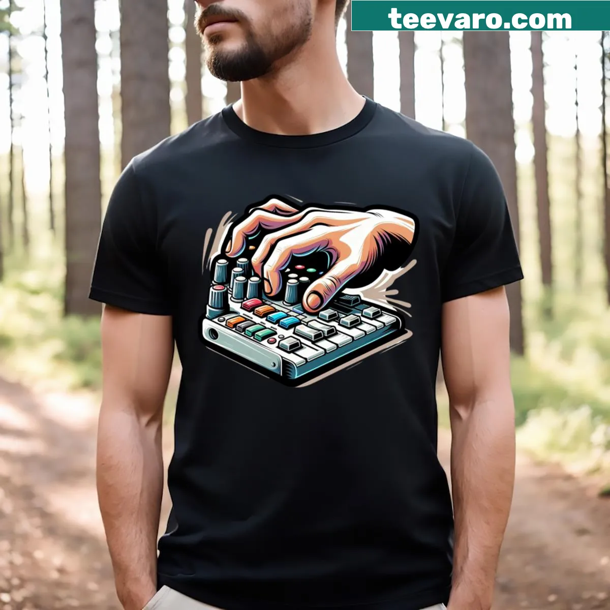 Illustrative T-shirt of a musician using a MIDI controller — on a men's t-shirt