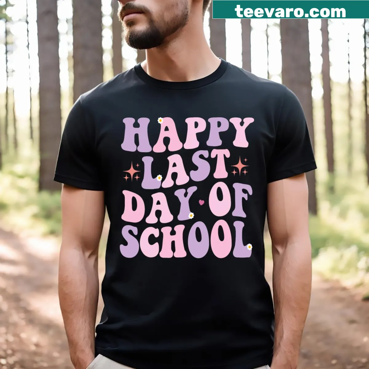 Cheerful T-shirt celebrating the last day of school with playful text — on a men's t-shirt