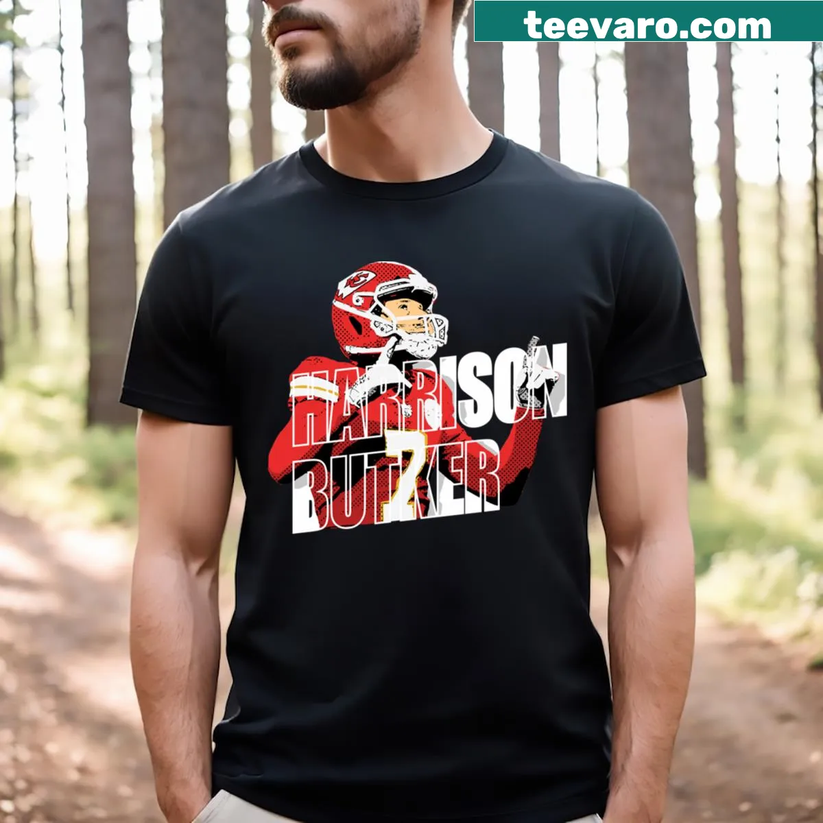 Cartoon style t-shirt featuring Harrison Butker in a playful design — on a men's t-shirt
