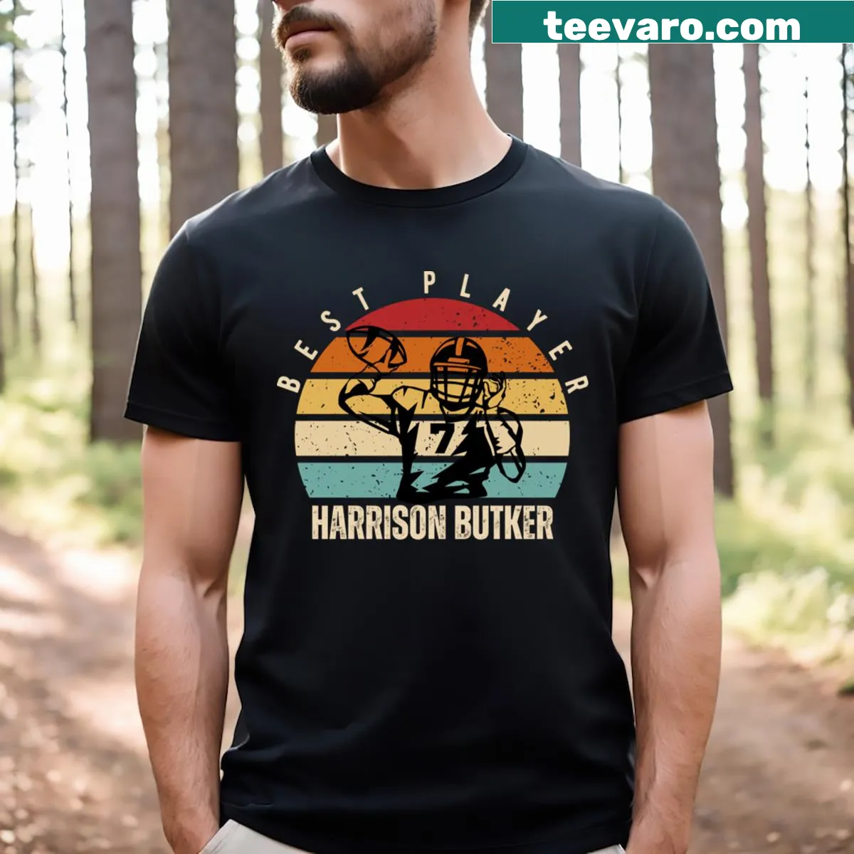 Bold graphic T-shirt featuring Harrison Butker's name — on a men's t-shirt