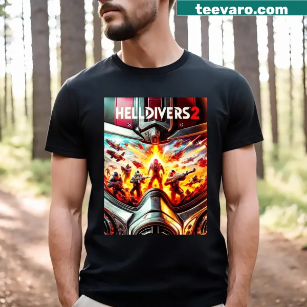 Cartoon graphic from Helldivers 2 on T-shirt