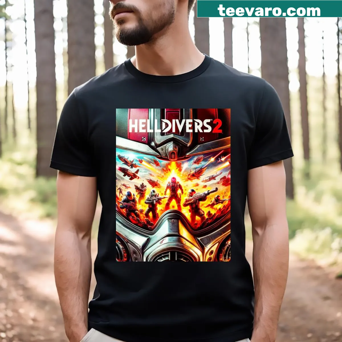 Cartoon graphic from Helldivers 2 on T-shirt — on a men's t-shirt
