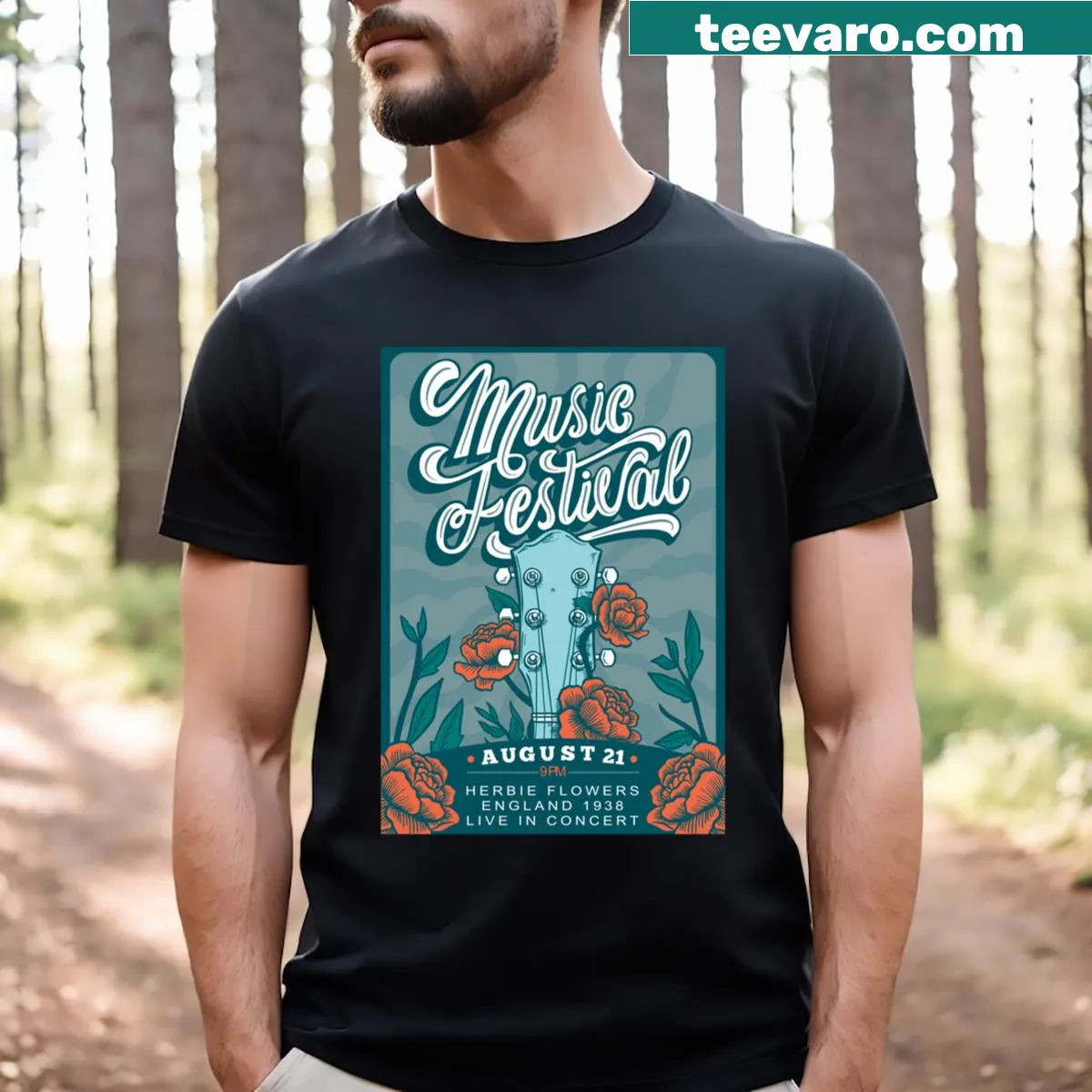 Artistic t-shirt honoring Herbie Flowers from England, 1938 — on a men's t-shirt