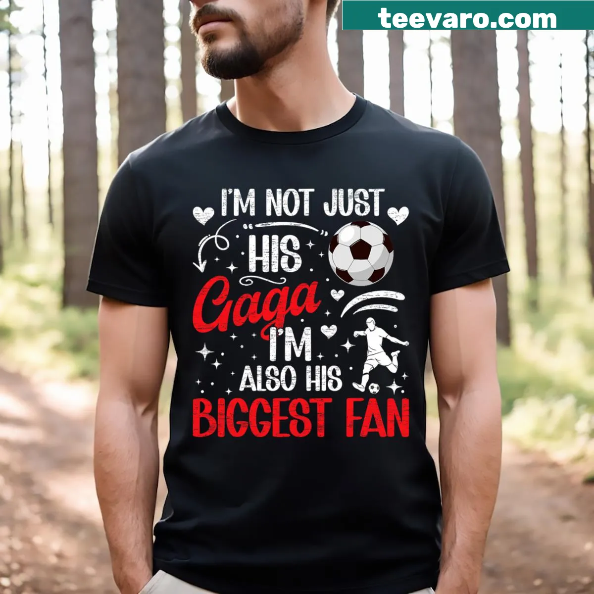 Bold text His Biggest Fan with soccer graphic on mom's t-shirt — on a men's t-shirt