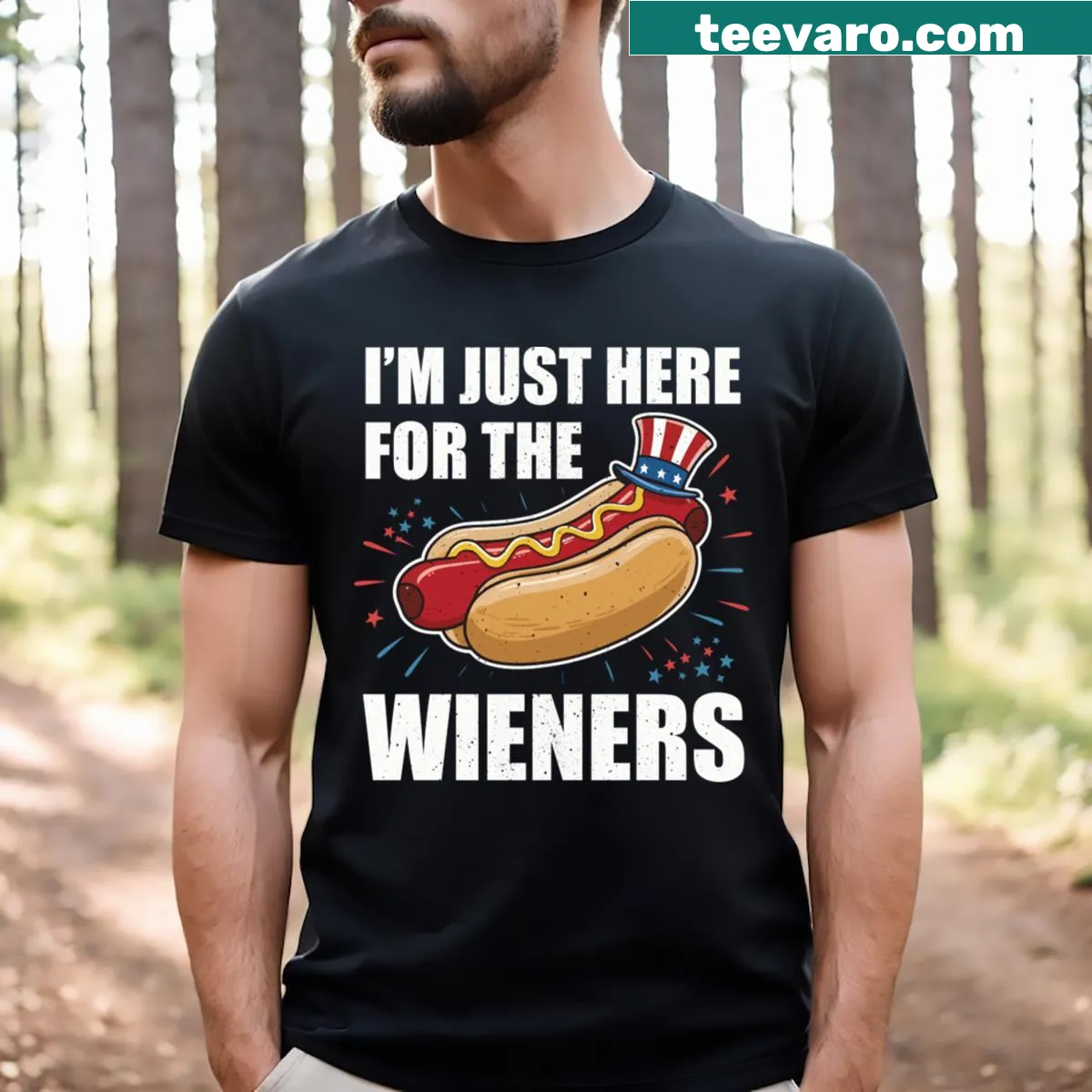 T-shirt with humorous 'Hot Dog I'm Just Here For The Wieners' phrase — on a men's t-shirt