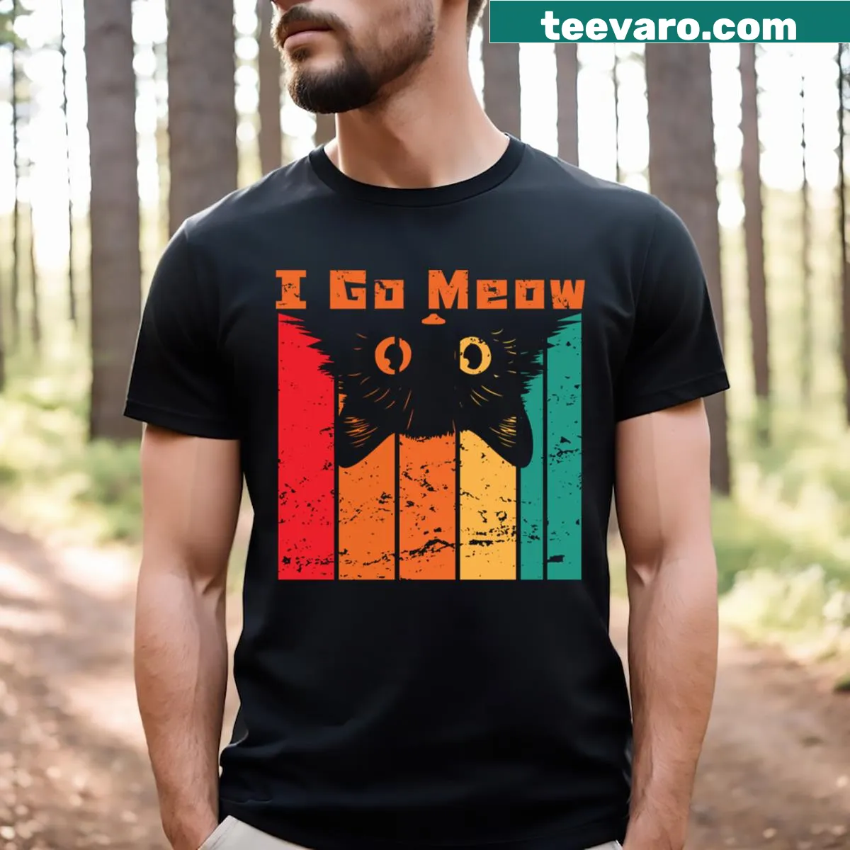 Retro-style text design with 'I Go Meow' — on a men's t-shirt