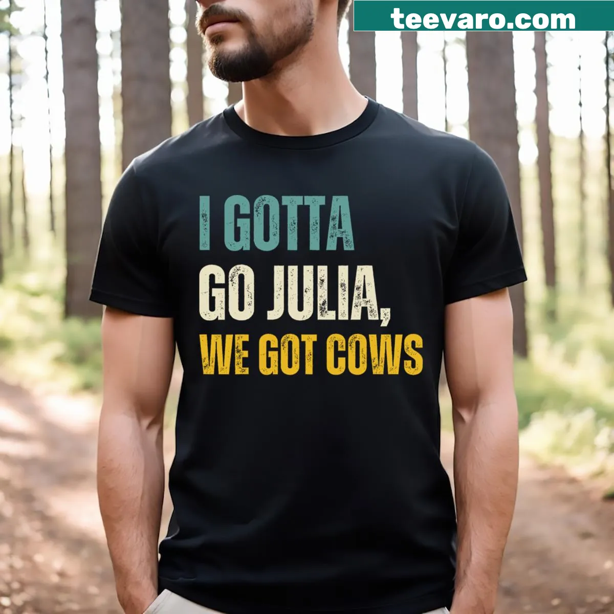 Vintage distressed tee with humorous text about cows — on a men's t-shirt