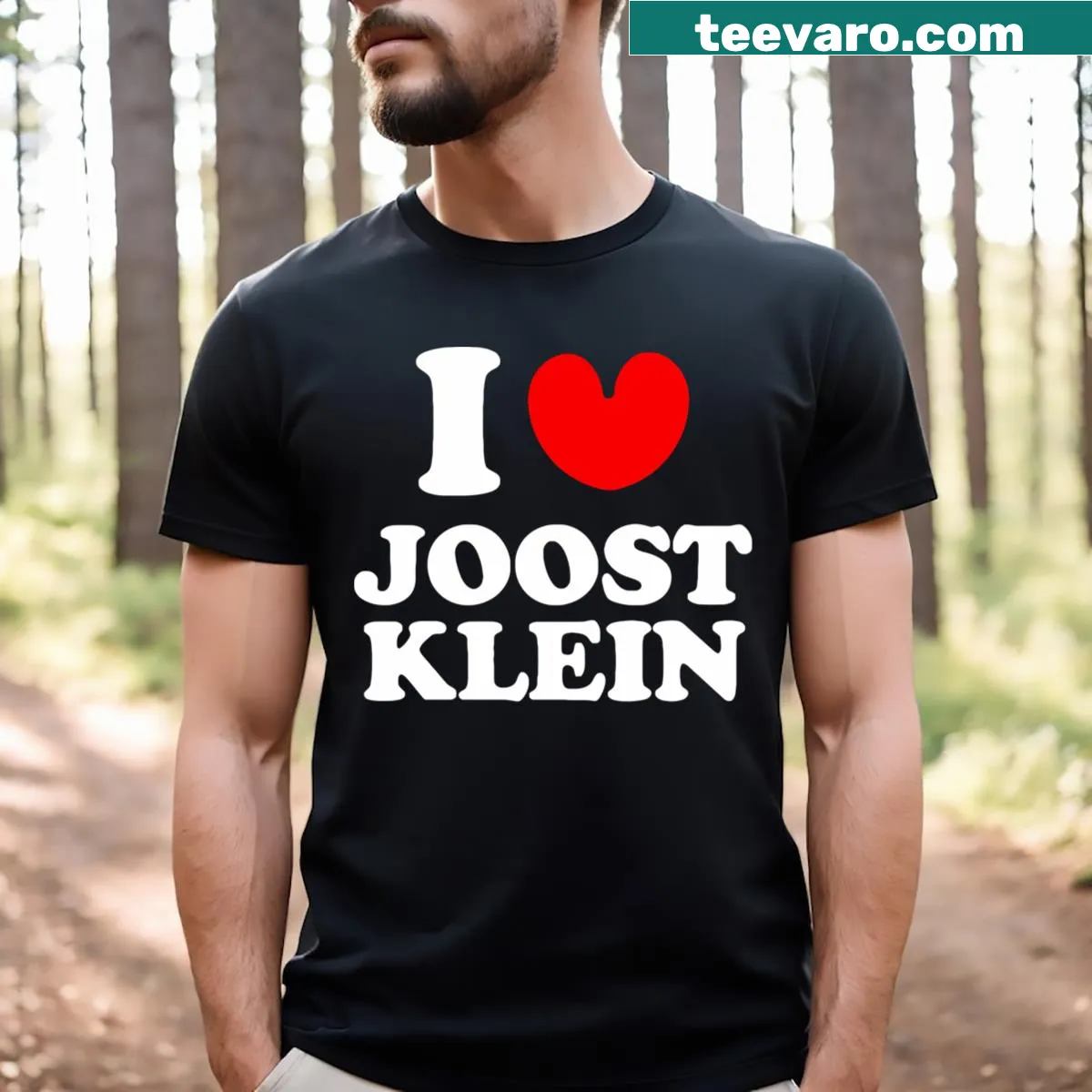Essential T-shirt with 'I Love Joost Klein' text design — on a men's t-shirt