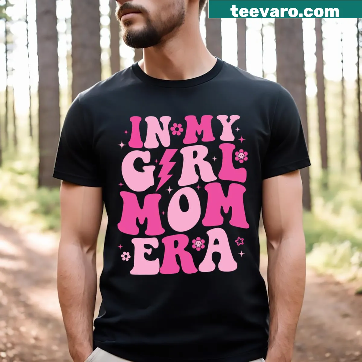 Groovy graphic tee celebrating girl moms with playful text — on a men's t-shirt