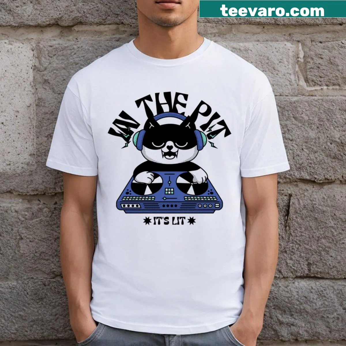 Concert t-shirt featuring a fun illustration about the mosh pit — on a men's t-shirt