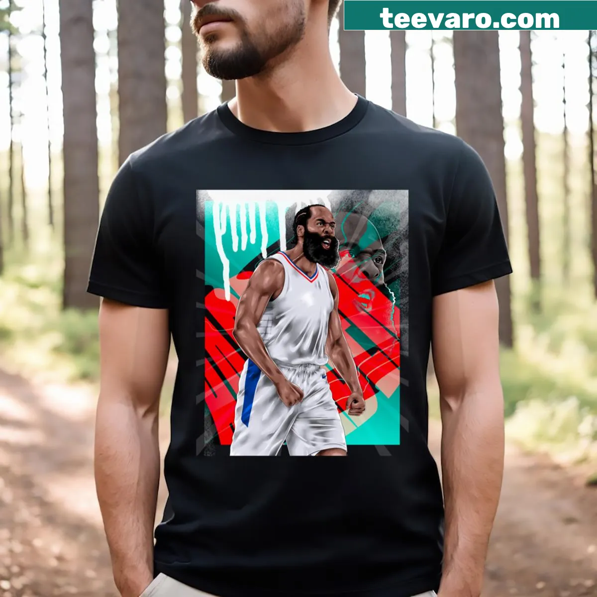 T-shirt featuring a graphic tribute to James Harden — on a men's t-shirt
