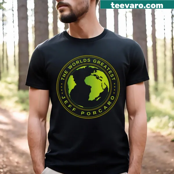 Graphic T-shirt honoring Jeff Porcaro with musical elements and typography