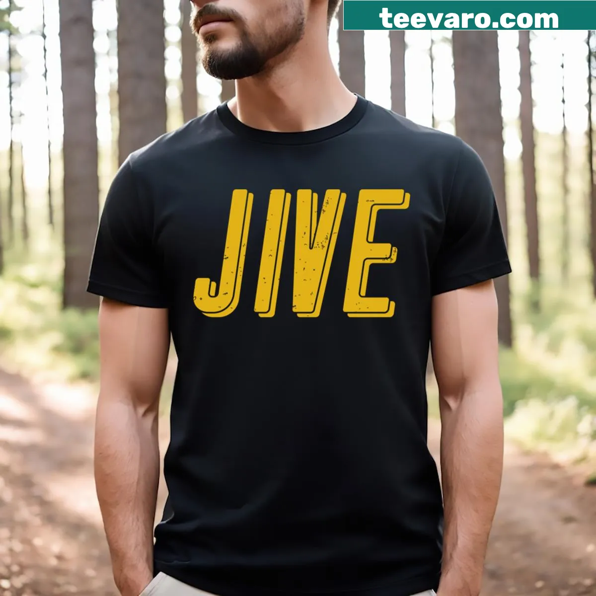 Jive T-shirt featuring lively typography design — on a men's t-shirt