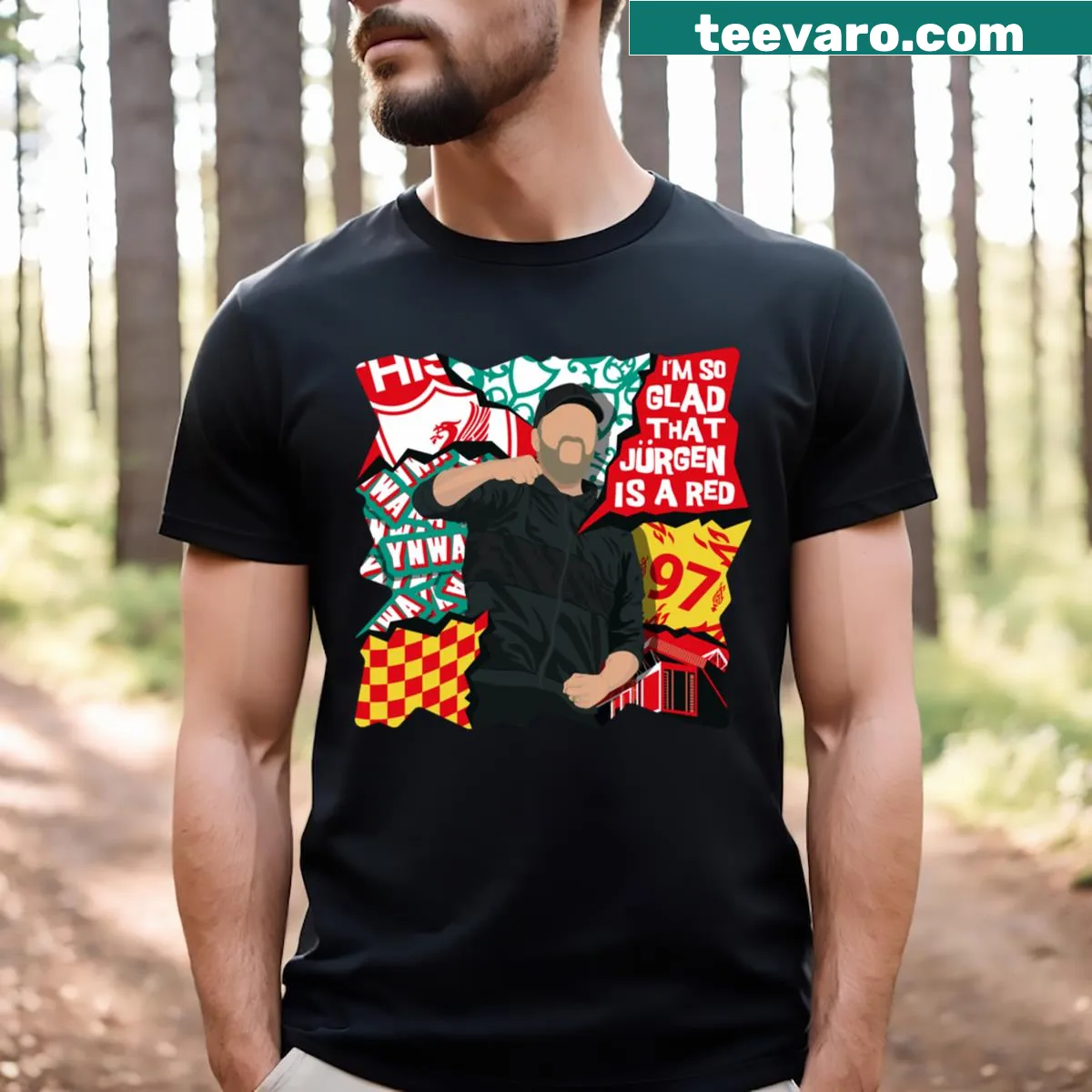 Humorous t-shirt with the phrase 'Jurgen Is A Red' for Liverpool FC fans. — on a men's t-shirt