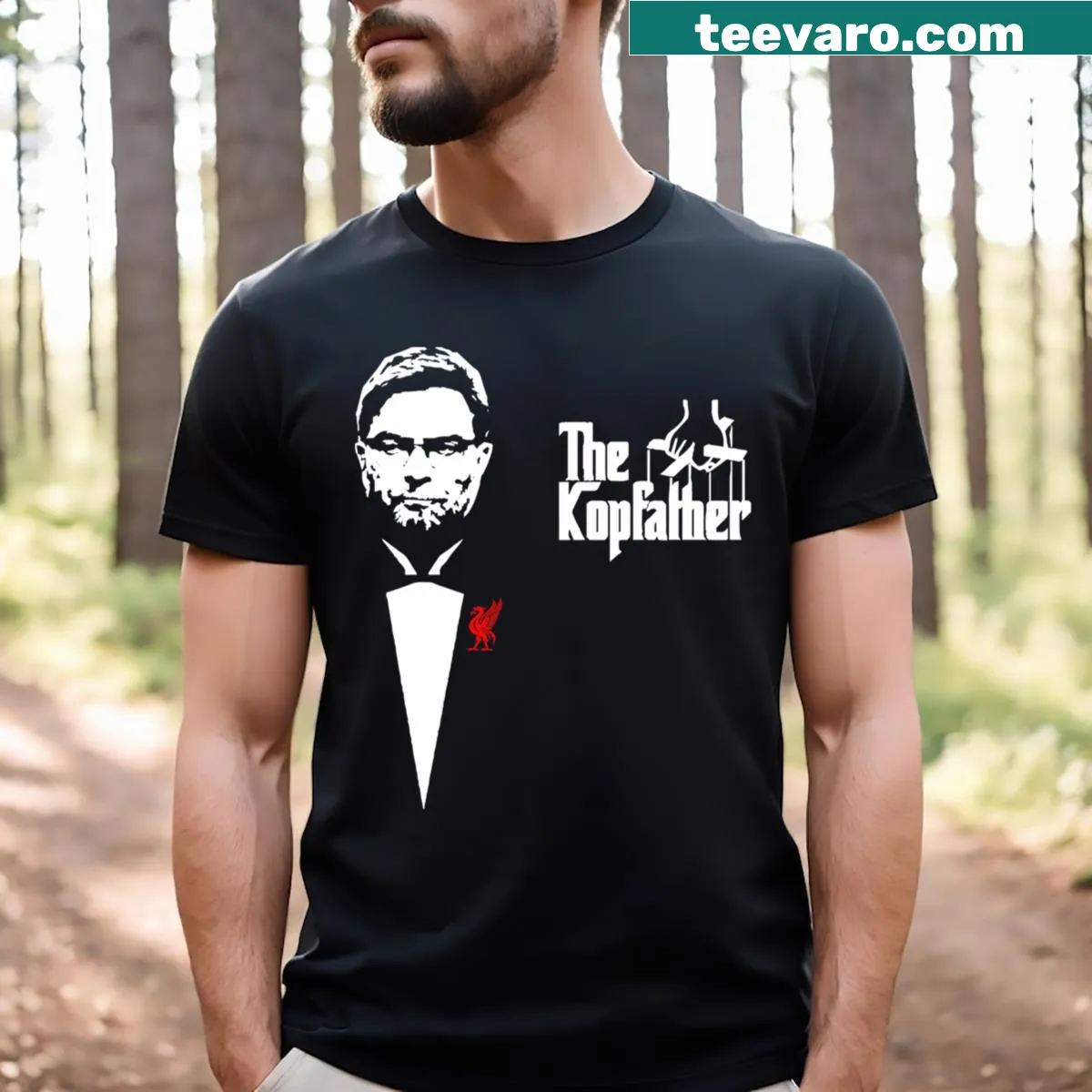Typography t-shirt with 'Kop Father' text for Liverpool FC fans — on a men's t-shirt