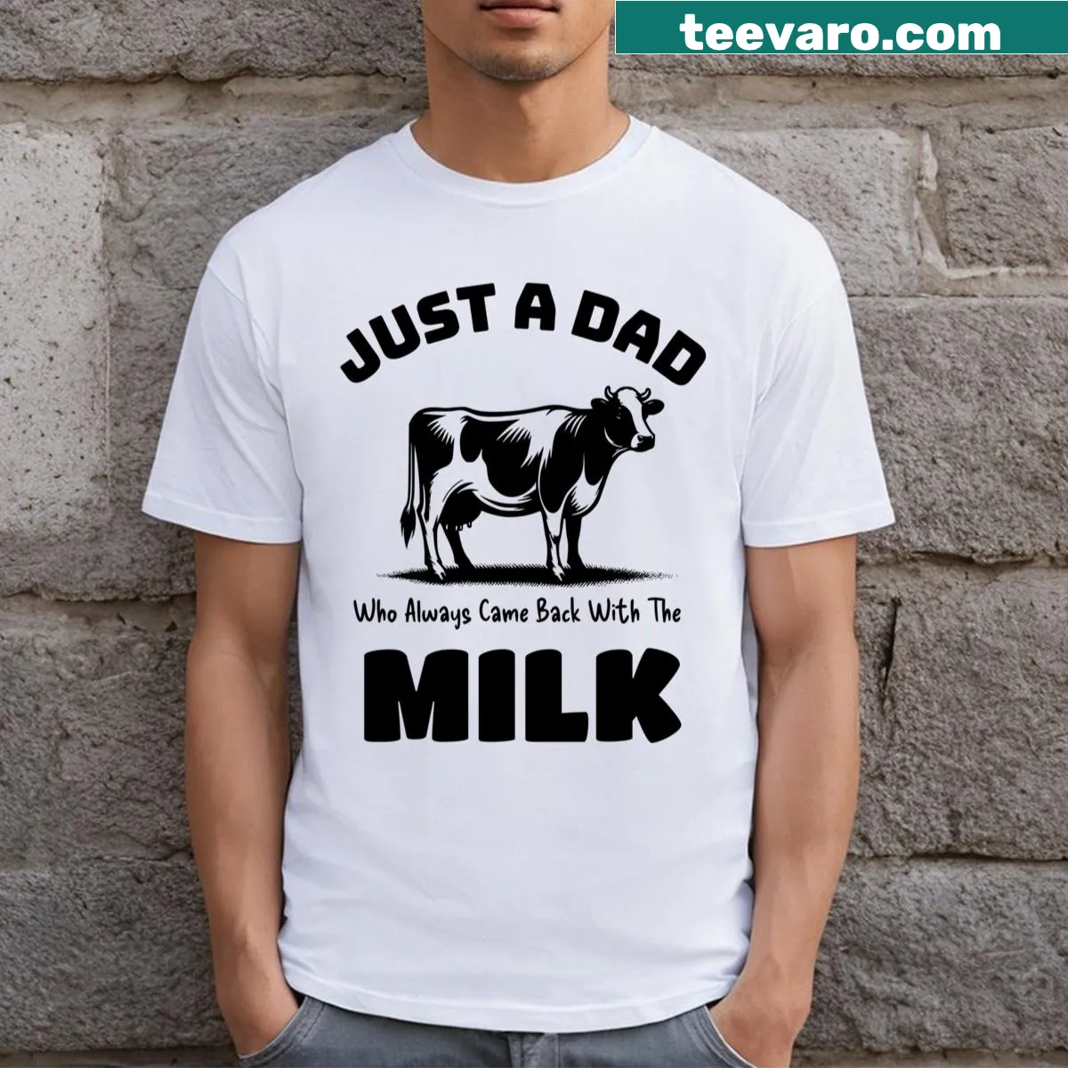 Funny dad t-shirt with text about bringing back milk — on a men's t-shirt