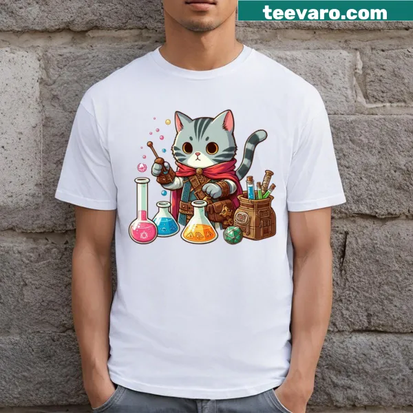 Illustrative T-shirt with a kitten as an alchemist