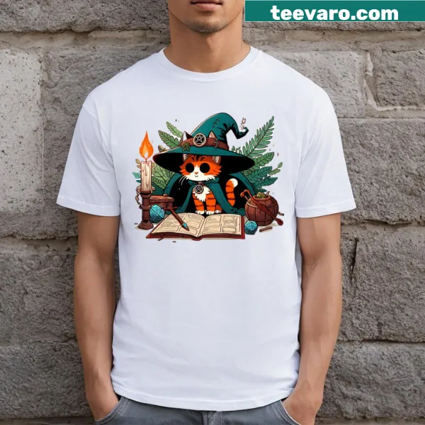 Playful t-shirt featuring a magical kitten dressed as a druid
