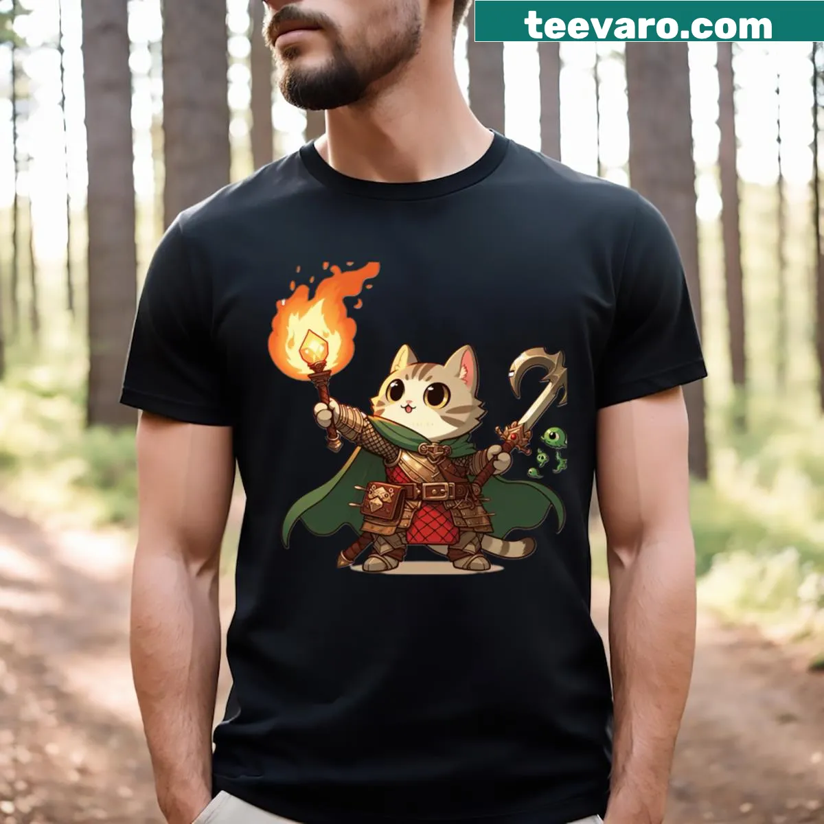 Illustrated t-shirt featuring kittens as explorers with playful gear — on a men's t-shirt