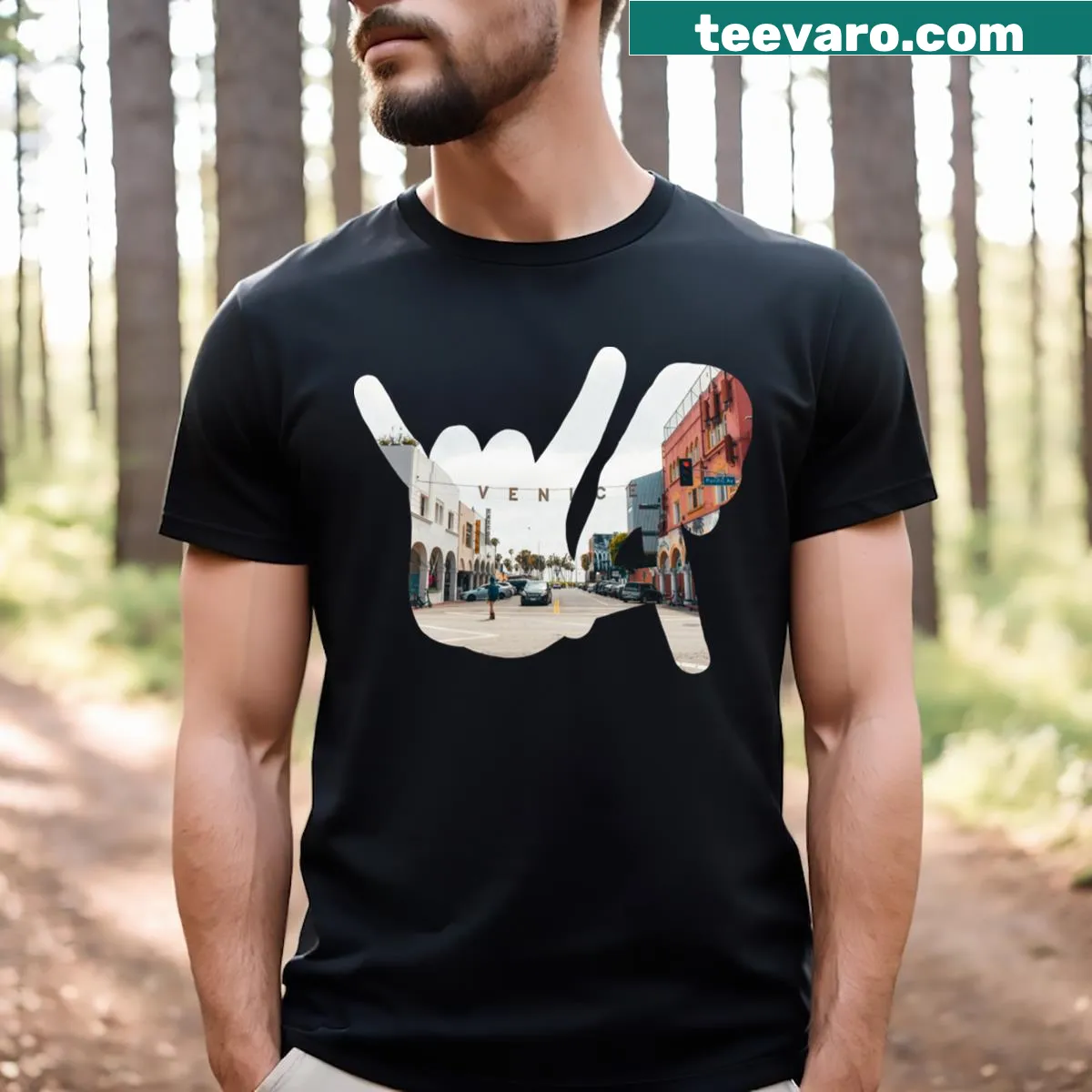 Playful t-shirt with cartoon rock on hands inspired by Venice — on a men's t-shirt