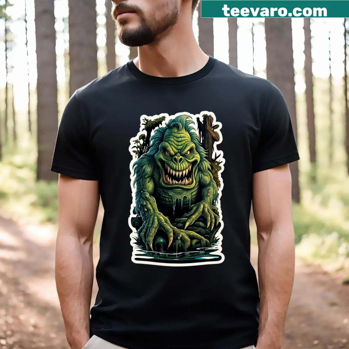 Creepy t-shirt featuring an illustration of a lake monster — on a men's t-shirt