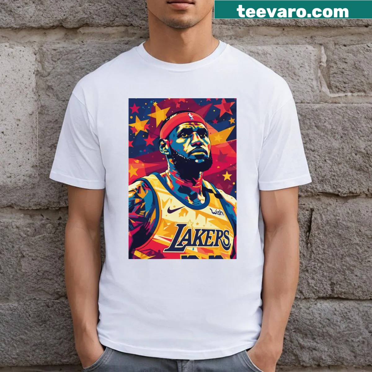 Illustrative T-shirt featuring LeBron James in action — on a men's t-shirt