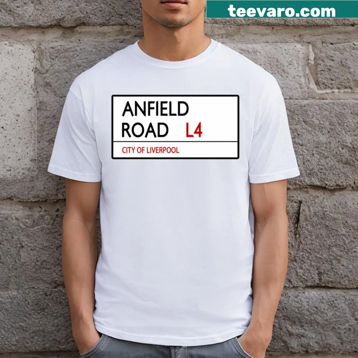 T-shirt featuring an emblem design inspired by Anfield Road. — on a men's t-shirt