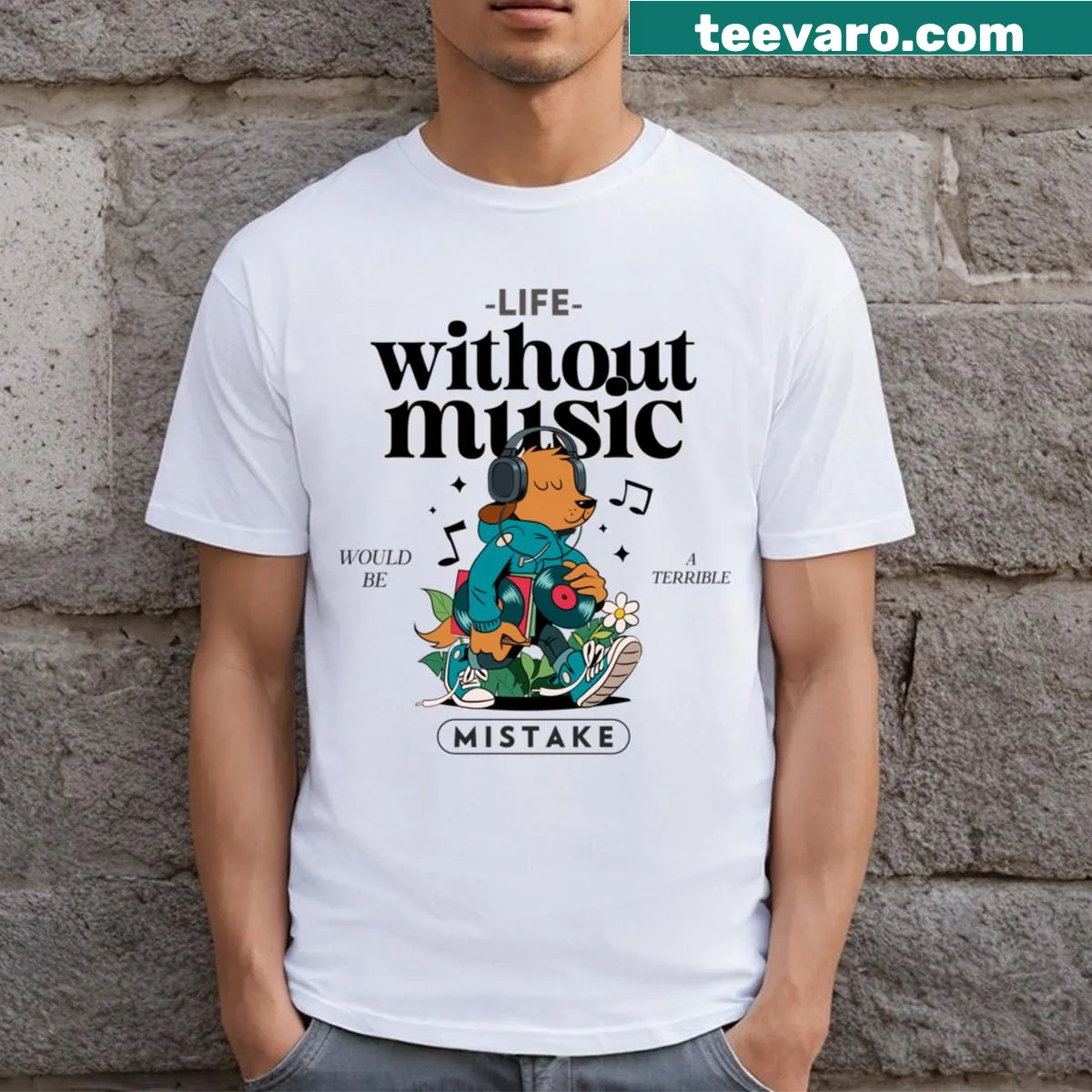 Sentimental T-shirt with text about the importance of music — on a men's t-shirt