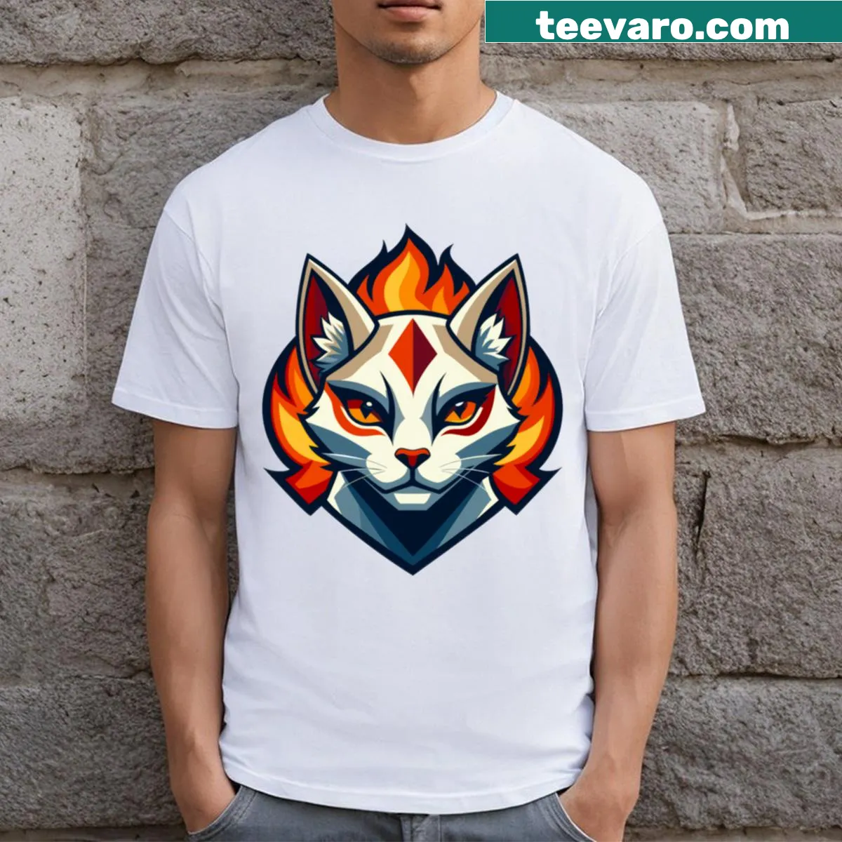 Playful cat logo design on a casual T-shirt — on a men's t-shirt