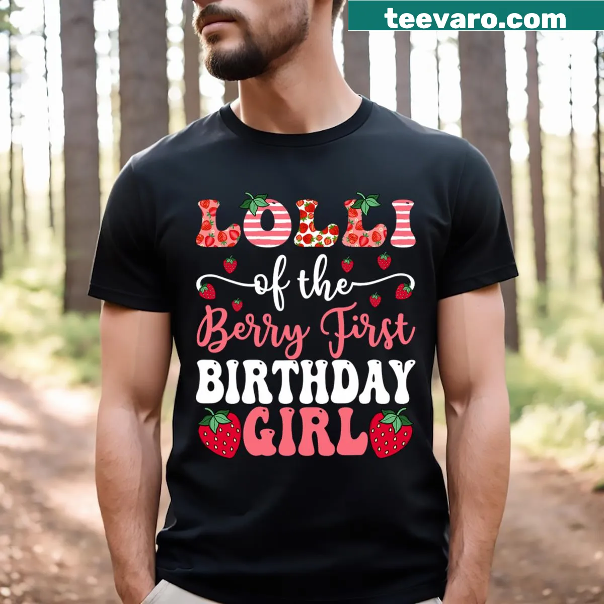 Cute T-shirt for a girl's first birthday with a cartoon strawberry design. — on a men's t-shirt