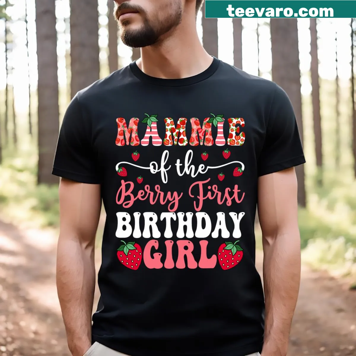 Cute T-shirt celebrating a girl's first birthday with strawberry graphics and text — on a men's t-shirt
