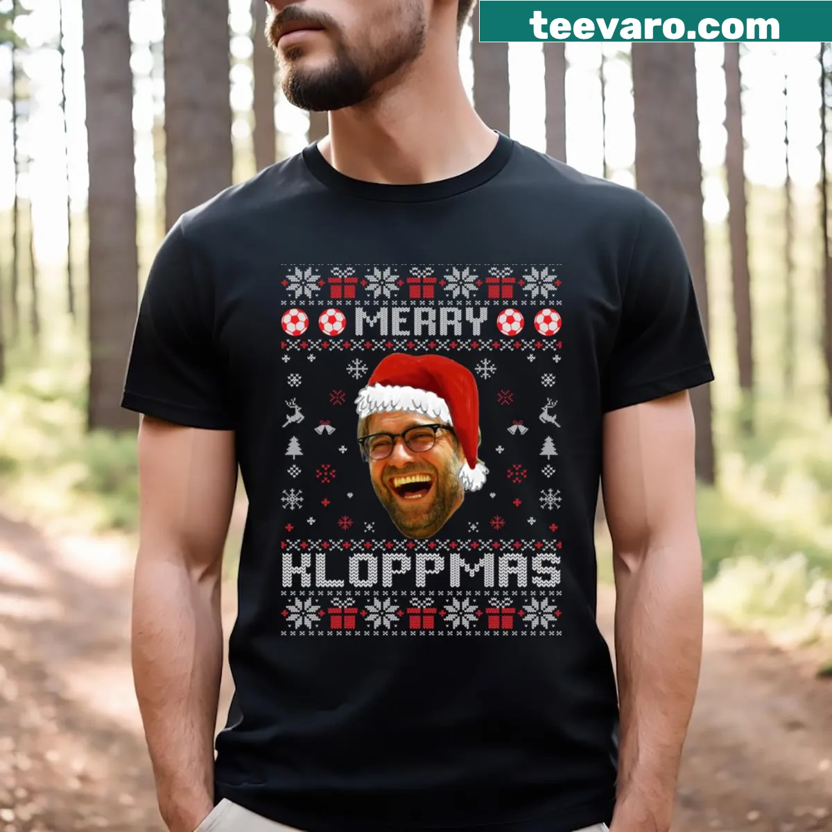Merry Kloppmas shirt featuring humorous design for Liverpool FC fans — on a men's t-shirt