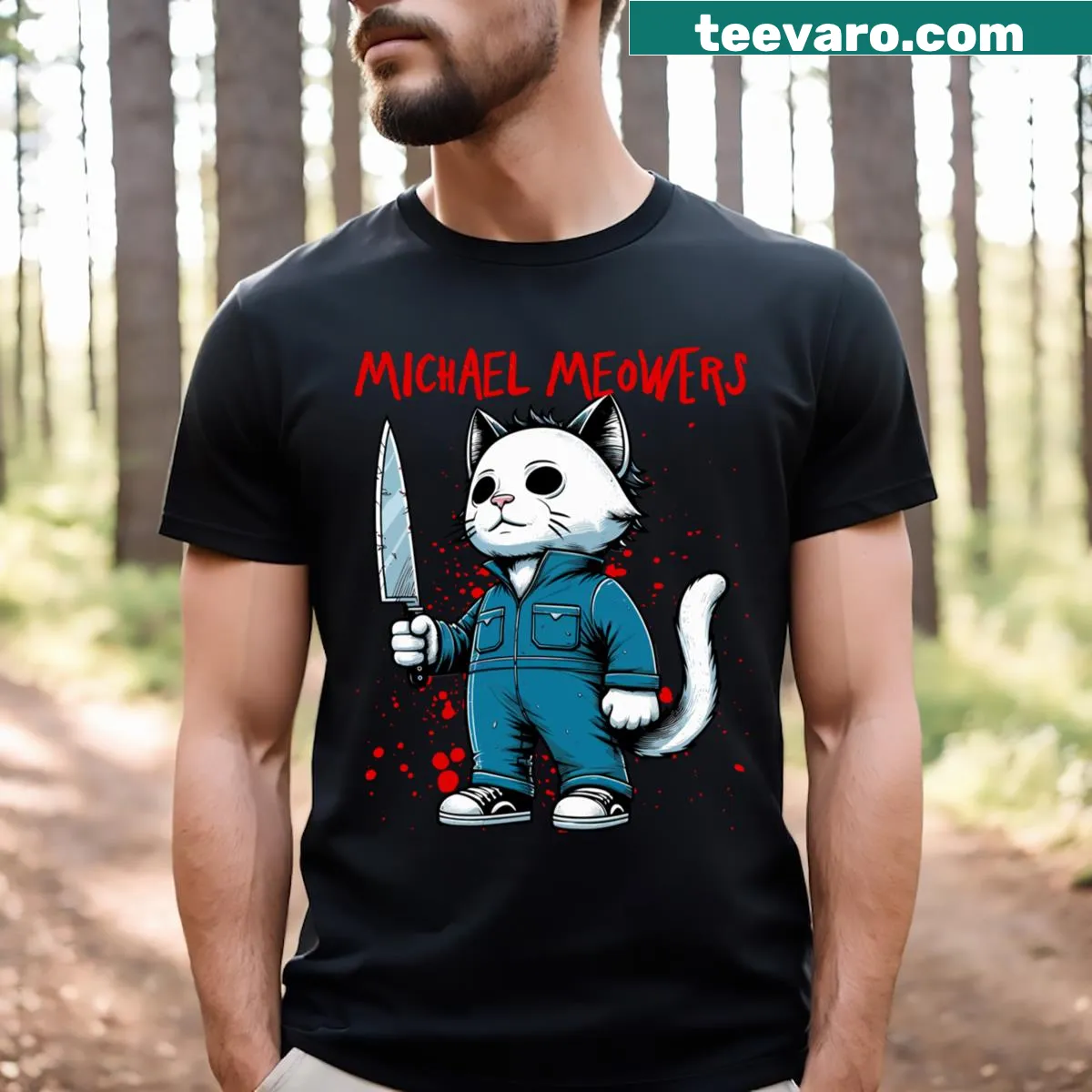 Funny Halloween T-shirt featuring 'Michael Meowers' cat design — on a men's t-shirt