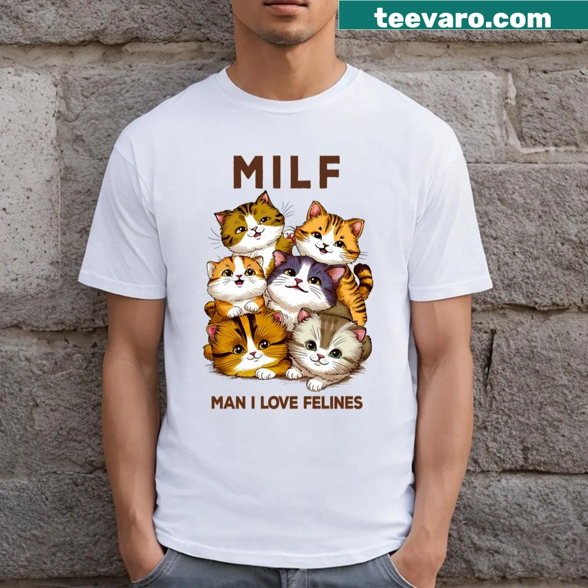 Funny T-shirt declaring love for cats with humorous text — on a men's t-shirt