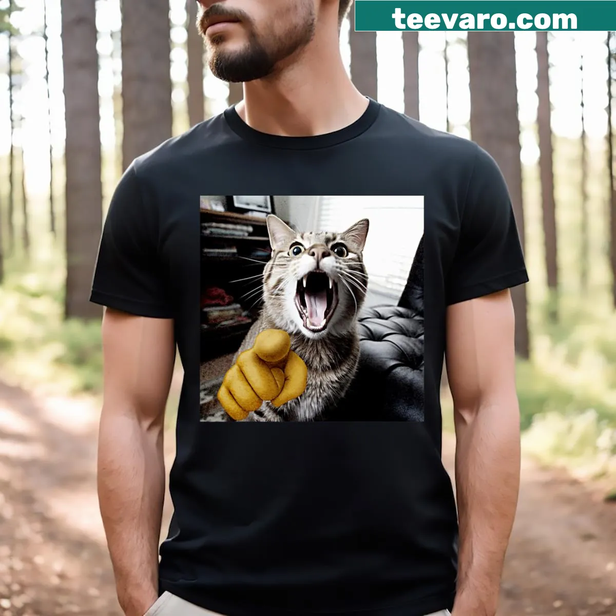 Funny T-shirt for cat lovers with a laughing cat graphic — on a men's t-shirt