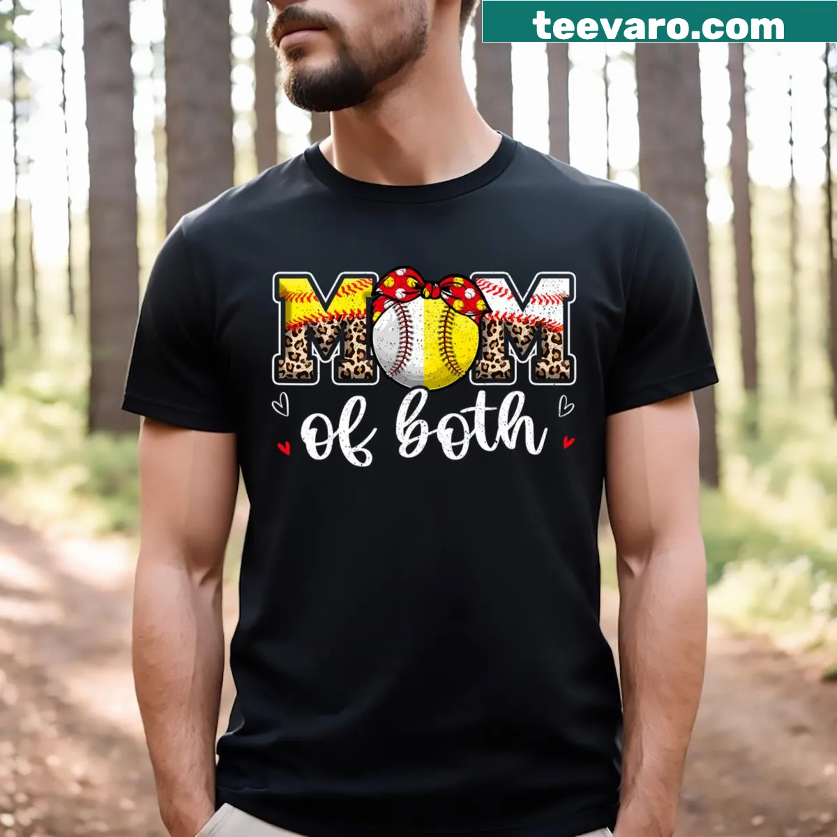 Leopard print T-shirt with 'Mom Of Both' text for sports moms — on a men's t-shirt