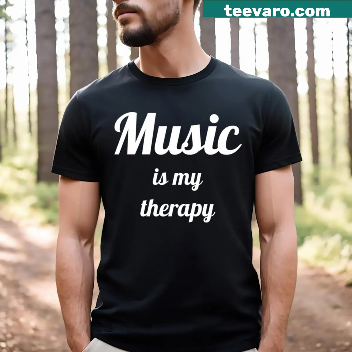 T-shirt that reads 'Music Is My Therapy' in soothing typography — on a men's t-shirt