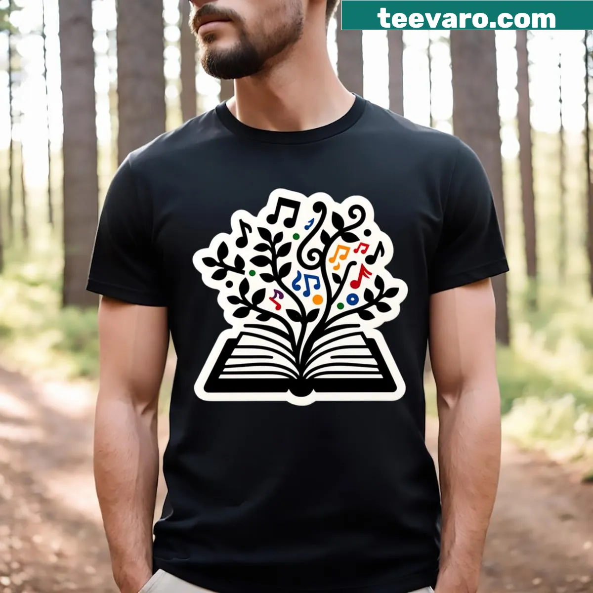 Illustration of music notes growing from an open book on a T-shirt — on a men's t-shirt