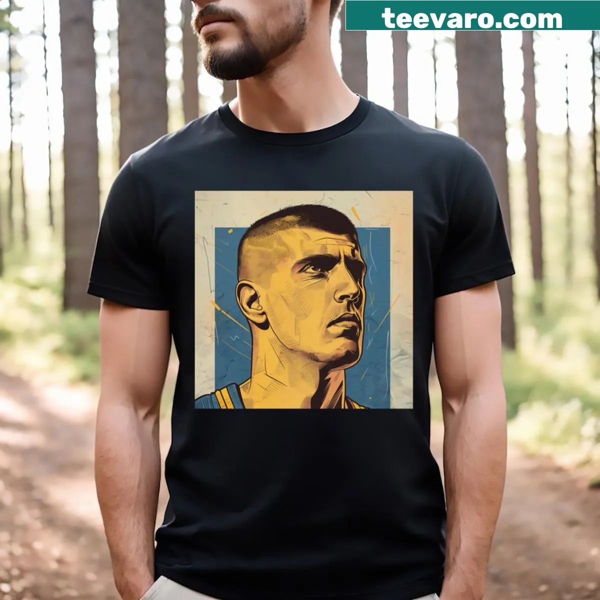 Artistic graphic of Nikola Jokic capturing his on-court action — on a men's t-shirt