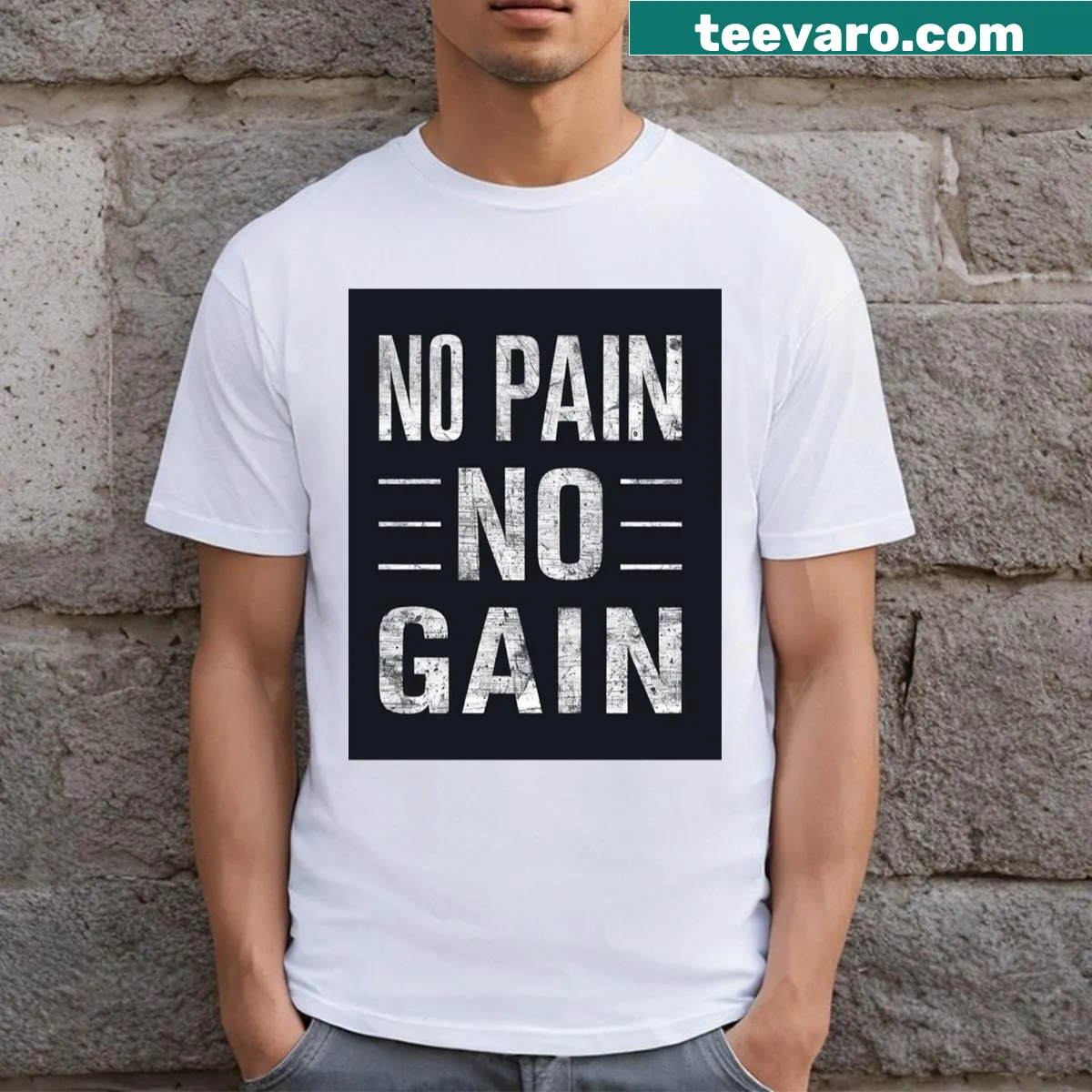 Motivational 'No Pain No Gain' typography T-shirt — on a men's t-shirt