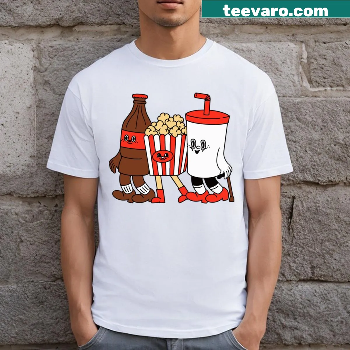 Vintage graphic T-shirt with popcorn, cola, and milkshake design — on a men's t-shirt