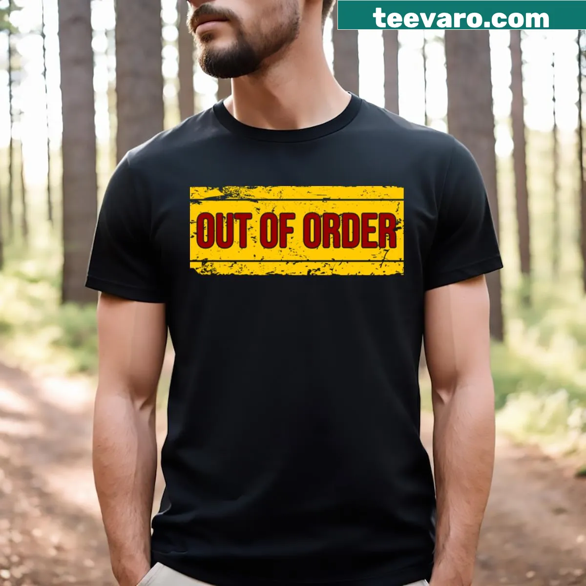 Grunge-style T-shirt featuring 'Out Of Order' text — on a men's t-shirt
